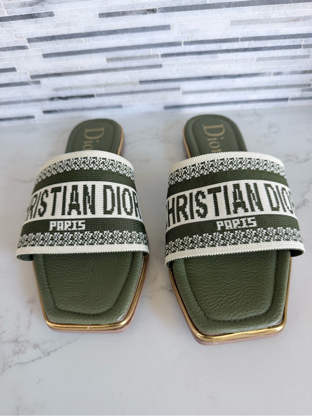 Dior Olive Green Logo Canvas Slide Sandals size 7 - Picture 2 of 12
